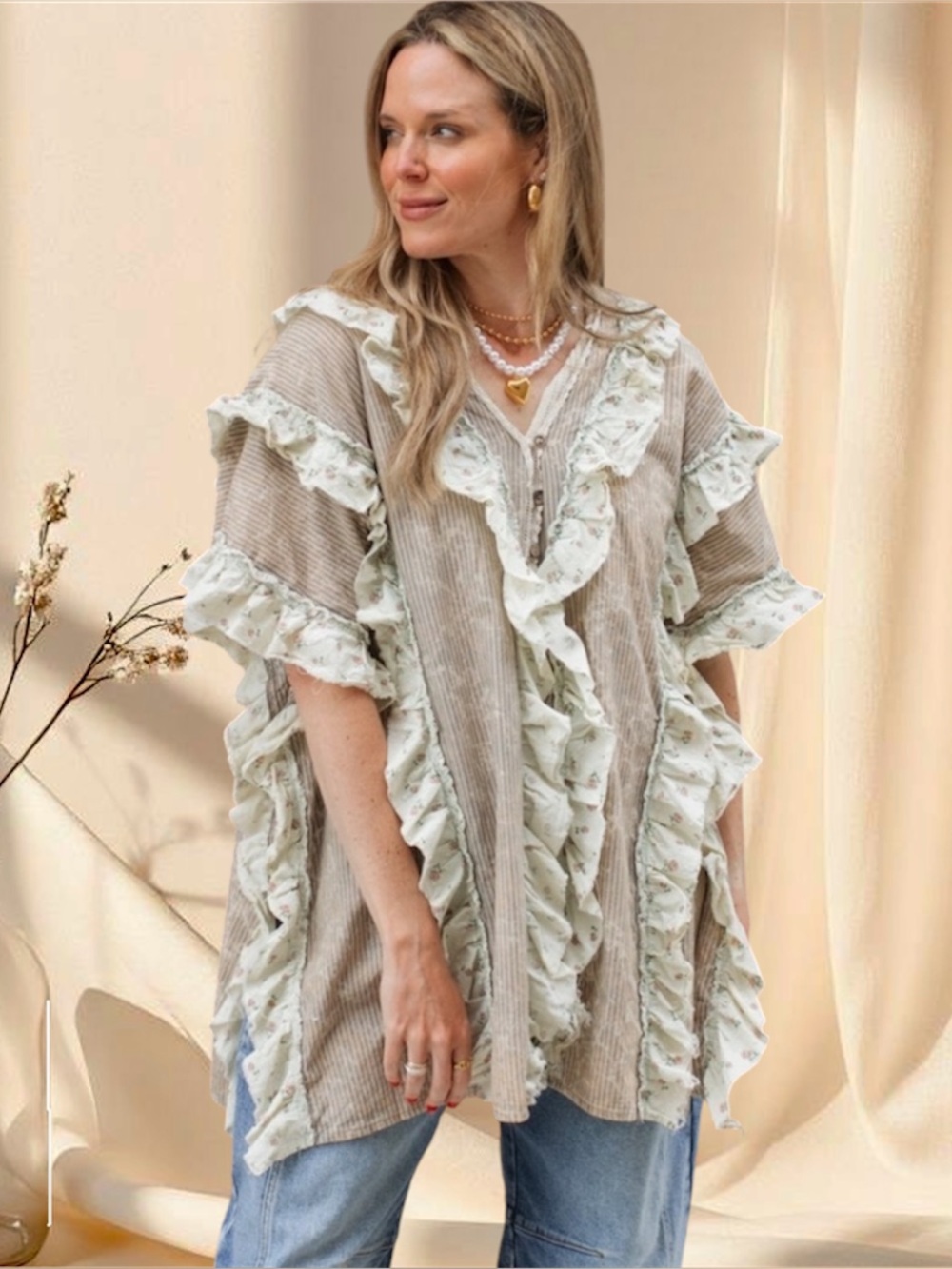LAST ONE Oli & Hali Ruffle Trim Button Down Stripe & Floral Top - Picture 2 of 4